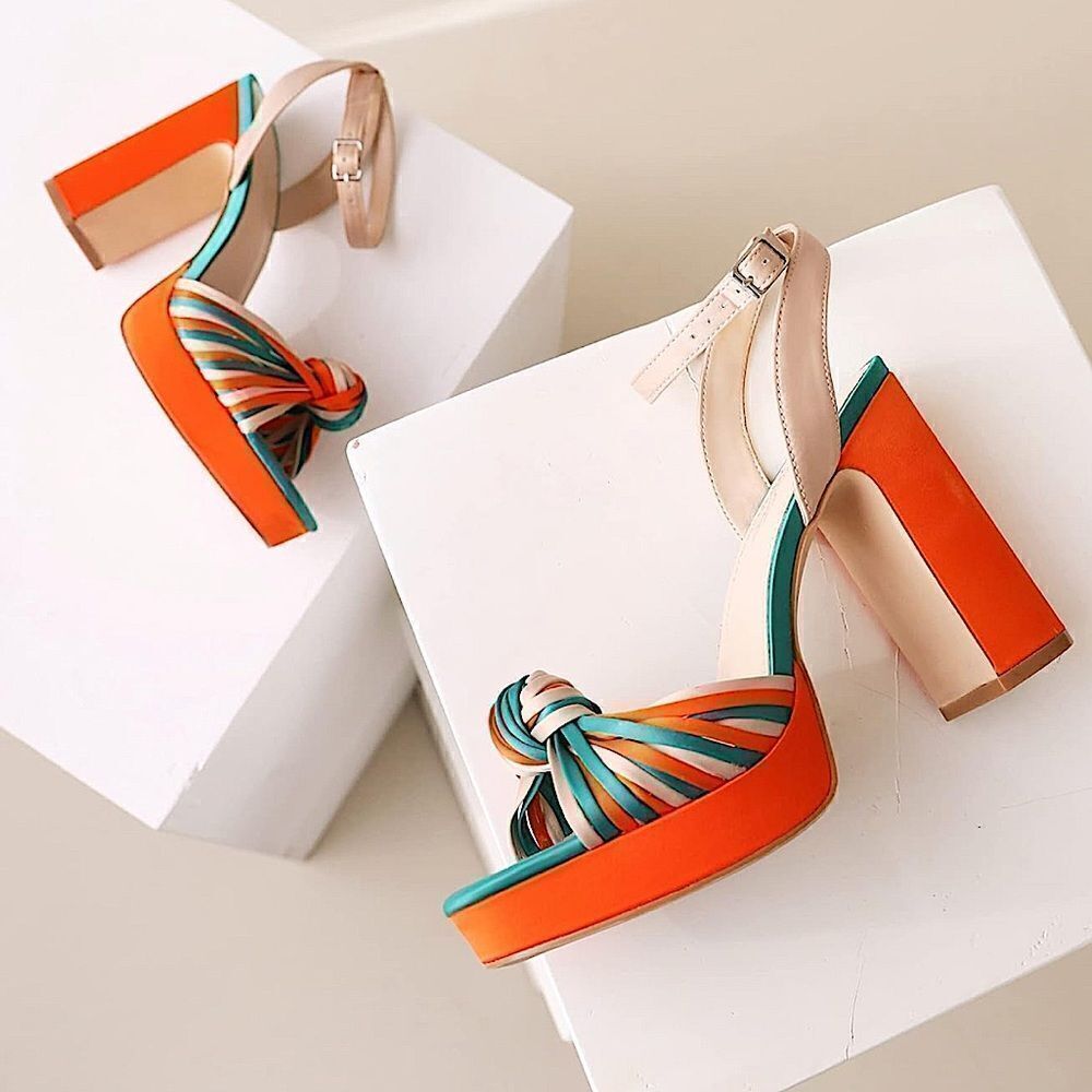 9.5 strappy, chunky heel, platform, ankle strap multi colored silk like